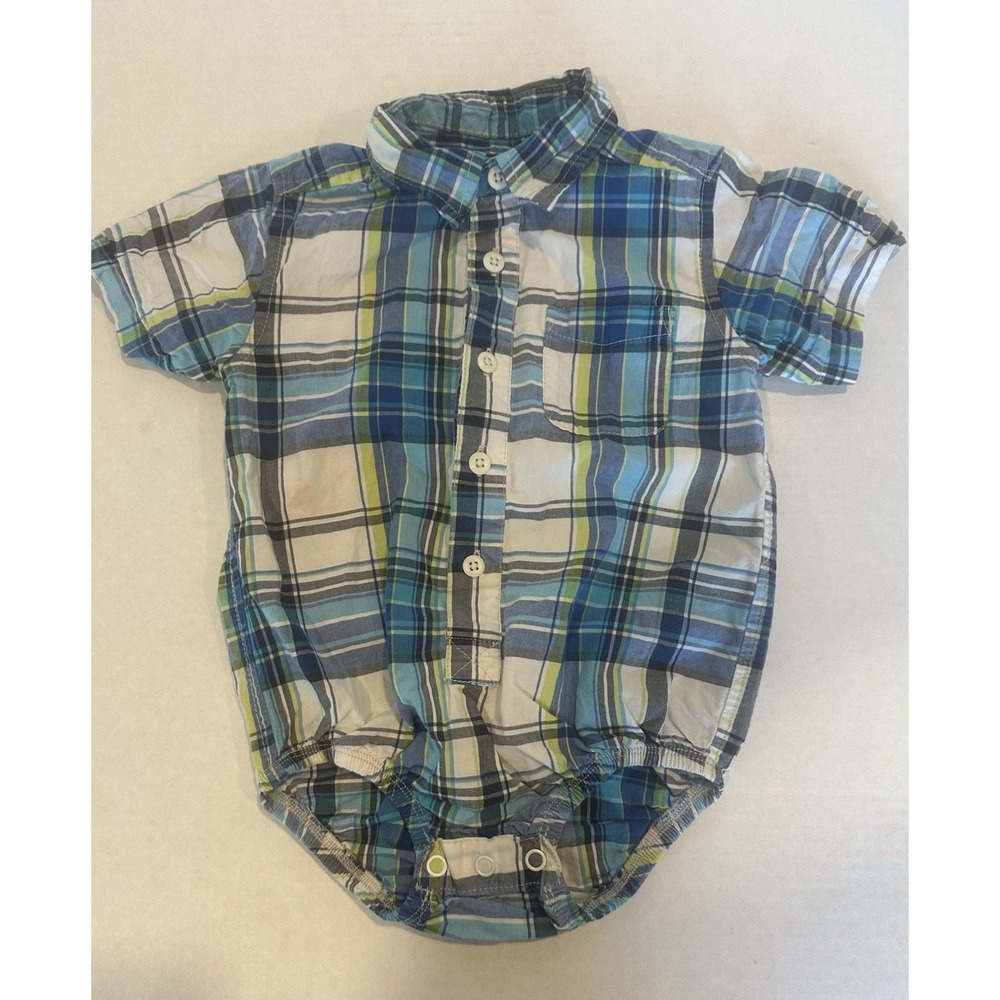 Oshkosh B'gosh Blue & White Plaid Button Down One Piece Shirt 18 Months